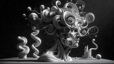 The primary subject of the image is a sculpture of a person's head, which is made of white and black materials. The setting is a black background, and the visual style appears to be a digital art or illustration. The colors and mood of the image are predominantly dark, with the white and black materials creating a contrast against the black background.